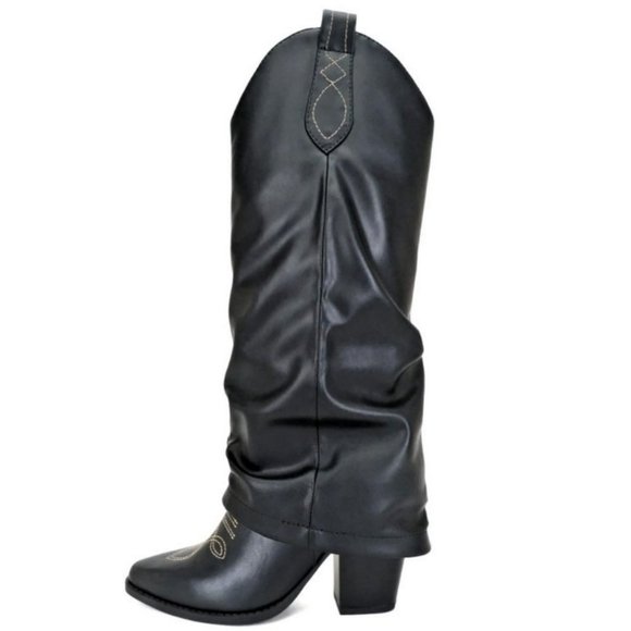 New Black Cowboy Fold Over Western Knee High Cowgirl Boots - Picture 1 of 6